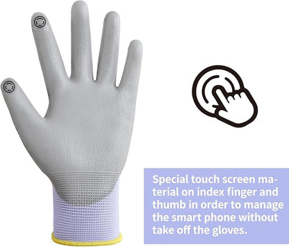 DULFINE Work Gloves for Men PU Coated 12 Pairs Bulk Pack,Purple Seamless Knit Glove with thin Polyurethane,Two Finger Touchscreen, for Men and Women, Ideal for Light Duty Work. (X-Small)