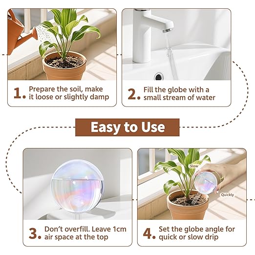 LASZOLA 2 Pcs Rainbow Glass Plant Self-Watering Globe for Indoor Outdoor, House Water Bulb for Small or Large Flower Pot, Iridescent Transparent Decorative Plant Dispenser Ball, Perfect for Vacation