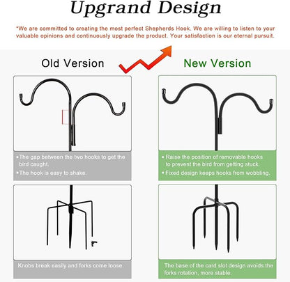 Gtongoko Double Shepherds Hook for Outdoor, 60 Inch Bird Feeder Pole with 5 Prongs Base, 5/8 Inch Thick Heavy Duty Adjustable Garden Hook for Hanging Plant, Lantern, Hummingbird Feeder, 1 Pack