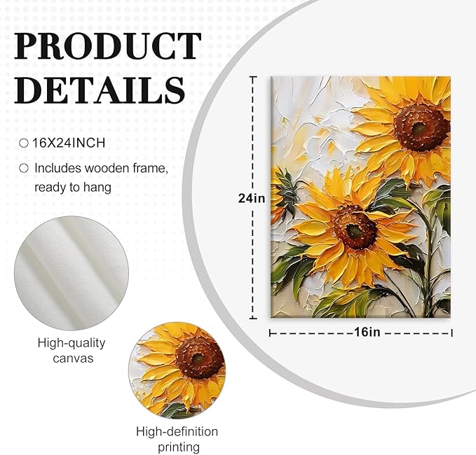 Sunflower Canvas Wall Art Abstract Sunflower Texture Landscape Wall Decor Artwork Yellow Floral Pictures Paintings Modern Botanical Posters Print Living Room Dining Room Kitchen Decor 16×24 Inch