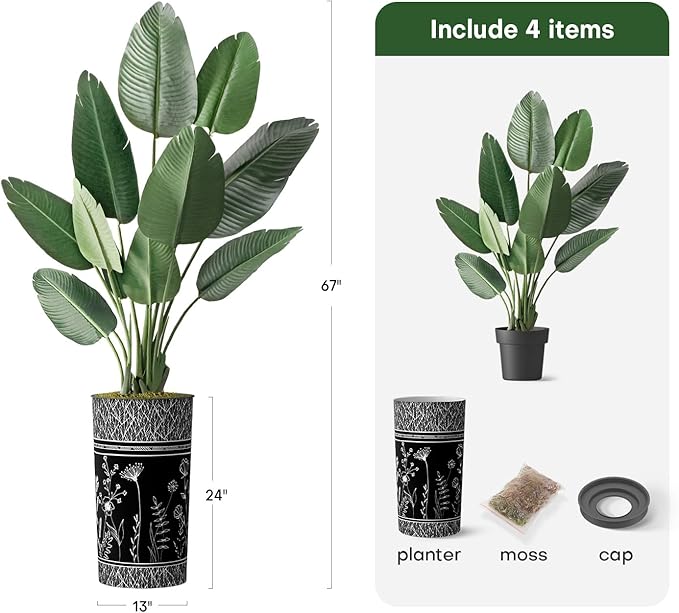 Artificial Tree in Black and White Modern Planter, Fake Bird of Paradise Silk Tree for Indoor and Outdoor Home Decoration - 67" Overall Tall (Plant Pot Plus Tree)
