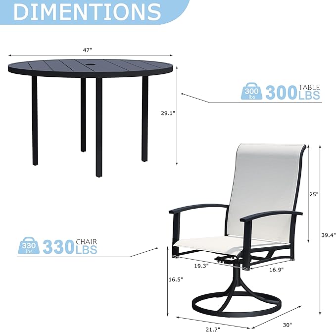7 Piece Outdoor Dining Set, 47" Black Round Outdoor Dining Table with 6 Oyster Beige Swivel Patio Table and Chair Set of 6 for Lawn, Garden, or Porch