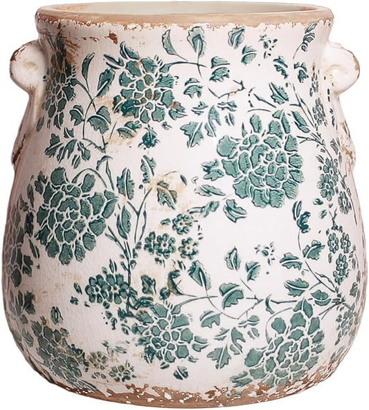 Tuscan Ceramic Planters, 6.68 Inch Vintage Plant Pots with Drainage for Indoor/Outdoor, Country Cottage Vase & Flower Pots for Home and Garden Decor, Gifts for Plant Lovers, Cyan