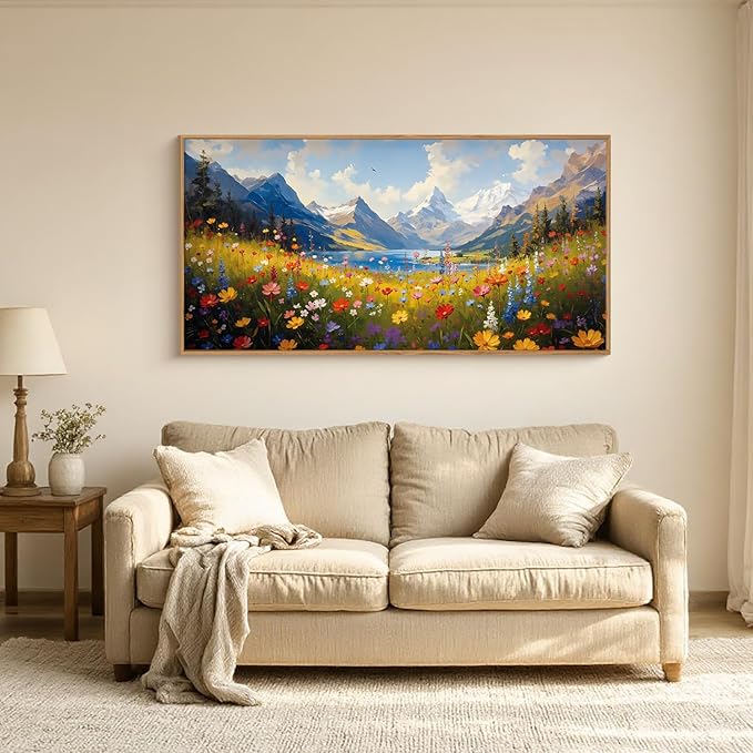 HOURIA Boho Vibrant Watercolor Wildflower & Snowy Mountain Framed Canvas Wall Art Set,Colorful Floral Landscape Decor,Modern Natural Field Scenery Artwork for Living Room,Bedroom,Farmhouse- 20"×40"×1