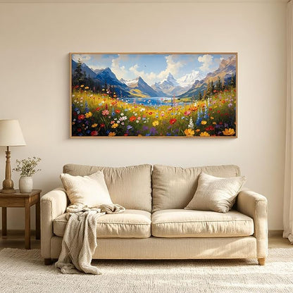 HOURIA Boho Vibrant Watercolor Wildflower & Snowy Mountain Framed Canvas Wall Art Set,Colorful Floral Landscape Decor,Modern Natural Field Scenery Artwork for Living Room,Bedroom,Farmhouse- 20"×40"×1