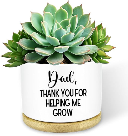 Thank You Dad for Helping Me Grow Ceramic Planter, 3.5 Inch Funny Flower Pots for Succulents, Cactus, Indoor Plants, Unique Gifts for Dad with Drainage Hole & Wood Tray (Plant Not Included)