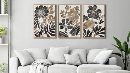 Large Framed Canvas Wall Art - Natural Float Framed Rustic Black Flowers Leaves Pictures Decor Brown Floral Foliage Artwork for Bedroom Living Room Kitchen Home Office Decoration 60" X 28" Set of 3