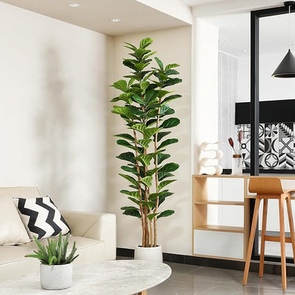 Artificial Fiddle Leaf Fig Tree with White Planter, 7ft Tall Fake Tree with Natural Wood Trunk for Home Decor, Faux Ficus Tree Fake Moss for Indoor Office Living Room