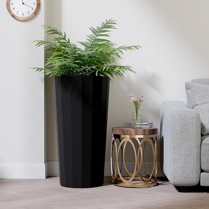 2PCS Tall Planters for Outdoor Plants, 23.6 Inches Large Outdoor Conical Flower Pots for Porch with Drainage Holes and Drainage Baffle, Tapered Large Planters for Garden, Balcony Use, Black