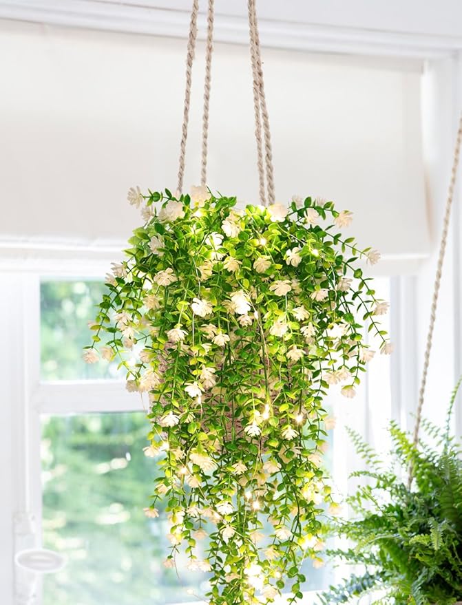 RECUTMS 3 Pcs Hanging Fake Plants Fake Vines Artificial Plants Large Faux Hanging Plant with 30 LED String Light, Artificial Greenery Wall Indoor Outdoor(White)