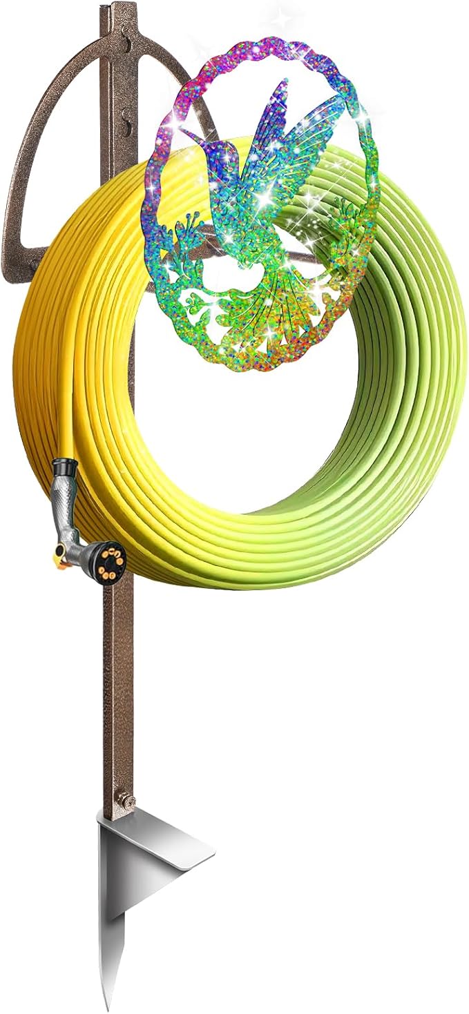Garden Hose Holder Reel Retro Copper water hose holders for outside wall mountPlug-in multifunctional stainless steel hose storage rack Colorful hummingbird (Hummingbird)