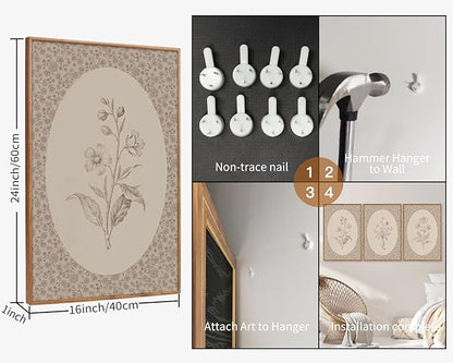 Rantodecor Vintage Flower Framed Canvas Wall Art Triptych, Rustic Floral Wall Decor, Retro Sketch Botanical Art Paintings, Antique French Cottage Artwork for Girls Bedroom Living Room Bathroom 16"x24"
