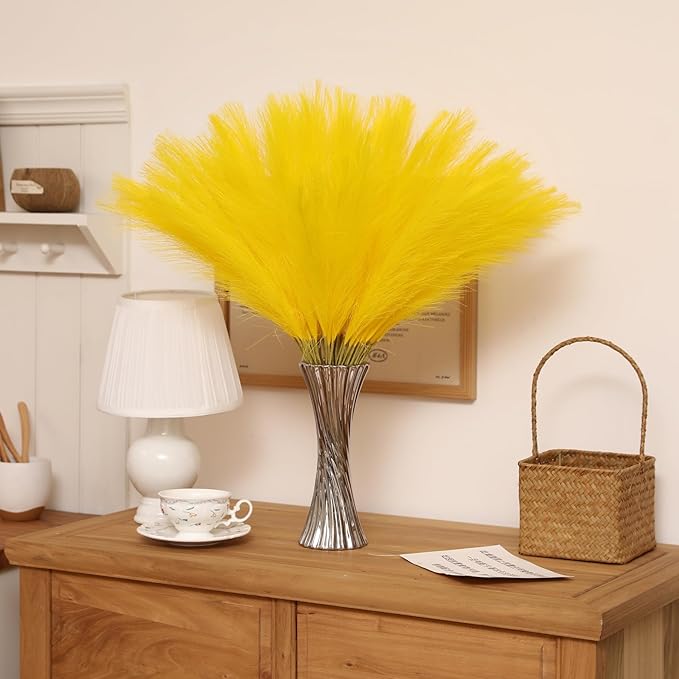 Faux Yellow Pampas Grass - 60pcs 24 Inch Short Artificial Pampas Grass Decor, Fake Pompas Floral for Vase Filler, Wedding Flower Arrangement, Party and Home Decor (Yellow, 60 Pieces)