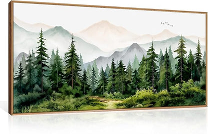 Green Forest Tree Mountain Range Framed Canvas Wall Art, Watercolor Nature Wall Decor, Woodland Nursery Wall Painting, Modern Wilderness Art Print for Living Room, Bedroom, Office 40"x20"