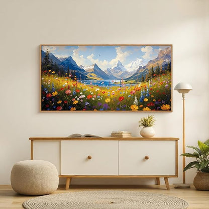 HOURIA Boho Vibrant Watercolor Wildflower & Snowy Mountain Framed Canvas Wall Art Set,Colorful Floral Landscape Decor,Modern Natural Field Scenery Artwork for Living Room,Bedroom,Farmhouse- 20"×40"×1
