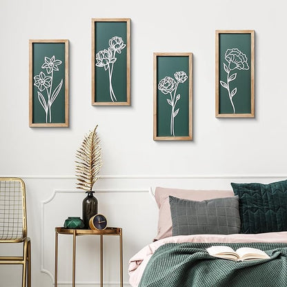 HKBS 3D Wooden Floral Wall Art, Set of 4 Framed Flowers Wall Art Sculptures, Boho Farmhouse Minimalist Decor for Bathroom Bedroom Living Room Kitchen or Office Wall Decorations Housewarming Gifts (Green)