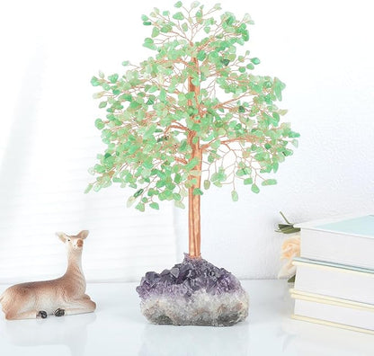 Gemstone Crystal Tree of Life, Natural Green Aventurine Jade, Chakra, Amethyst Geode Cluster, Positive Energy Healing Crystals, Feng Shui Decor Bonsai Money Tree, Size 10"-12