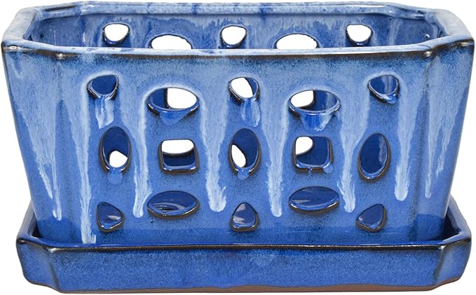 W&W Orchid Pot with Holes and Saucer for Repotting, White and Blue, 9.7 Inches