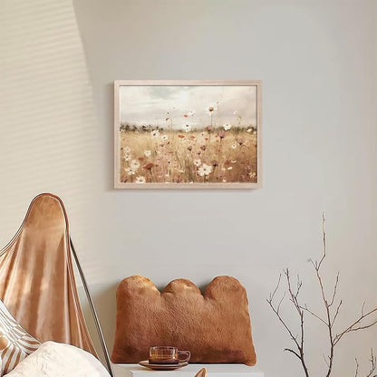 Framed Vintage Wildflower Wall Decor Light Colored Wildflower Print Country Floral Canvas Painting Natural Botanical Landscape Wall Decor for Farmhouse Living Room or Bedroom 16x24 Inch