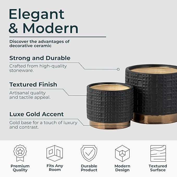 Set of 2 Mesh Metallic Decorative Planter Pot with Gold Accents – Ceramic Stoneware Outdoor & Indoor Plant Pot – Modern Garden & Home Decor Planters – 6" & 7", Black