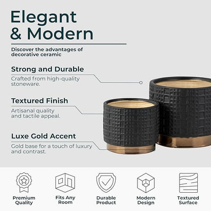 Set of 2 Mesh Metallic Decorative Planter Pot with Gold Accents – Ceramic Stoneware Outdoor & Indoor Plant Pot – Modern Garden & Home Decor Planters – 6" & 7", Black