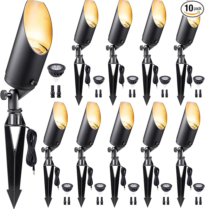 Gardenreet Low Voltage Spotlight - Outdoor Light Fixture 12V AC/DC, Brass Landscape Lights LED Hardwired, Weather Proof Black for Flag Wreath with Cool Light MR16 Removable Bulbs (10 Pack)