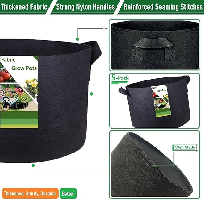 5-Pack 3 Gallon Thickened Plant Grow Bags (10x8 inch) Nursery Bags Fabric Plant Pots for Flower Pot,Herbs Veggies Planter Bag,Garden Pots,Barrel Planters,Garden Bag,Plant Container W/ Gardening Gloves