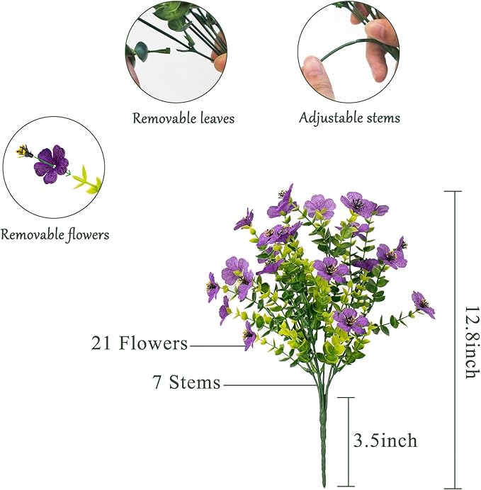 Faux Flowers for Outdoor Planters, Artificial Flowers for Outdoors, 12 Bundles Outdoor Indoor Uv Resistant, Artificial Flowers for Decoration, White Silk Faux Spring Flowers for Outside, Purple