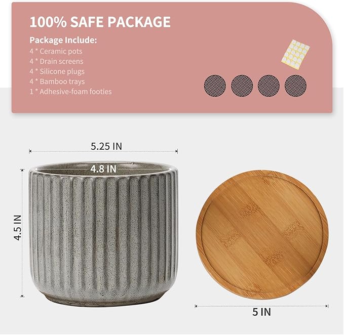OMAYKEY 5.25 Inch Ceramic Plant Pot with Saucer, Creative Stripe Grey-Green Planters Pots with Drainage Hole and Mesh Pads for Succulent, Cactus, Herbs - Set of 4