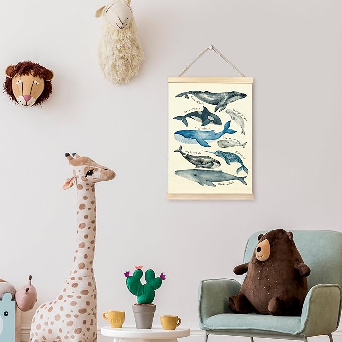 TAEDIN Whales Ocean Animal Chart Poster Hanger Frame, Whales Nautical Wall decor Educational Wooden Canvas Print, Sea Life Beach Wall Decor Painting for Classroom Nursery Bedroom Teen Room 16X24