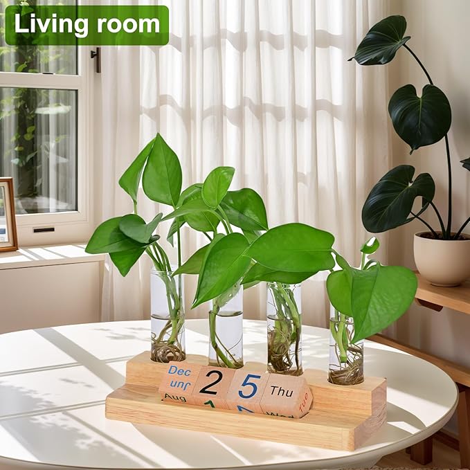 Plant Propagation Station with Block Calendar for Desk, Double-Layer Stand Design, More Stable Placement, Perfect Gardening Gifts for Plant Lovers Women (Light Wood Color)