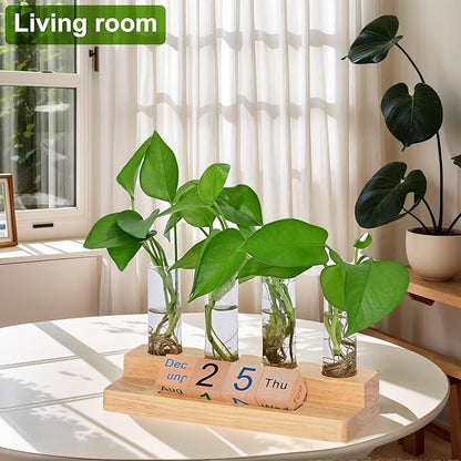 Plant Propagation Station with Block Calendar for Desk, Double-Layer Stand Design, More Stable Placement, Perfect Gardening Gifts for Plant Lovers Women (Light Wood Color)