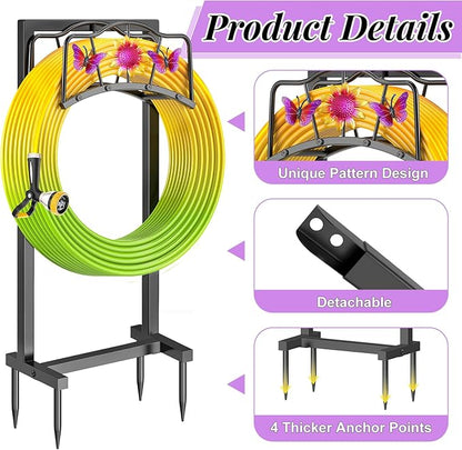 Garden Hose Holder, Heavy Duty Metal Water Hose Holders Stand with 4 Spikes, Freestanding Outdoor Water Pipe Storage Rack Hanger 150ft for Outside Yard Lawn Decor