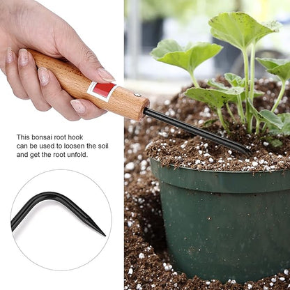 Bonsai Root Hook, Gardening Manganese Steel Root Rake with Ergonomic Wooden Handle, Bonsai Rake Tool for Potted Plants Gardening Work