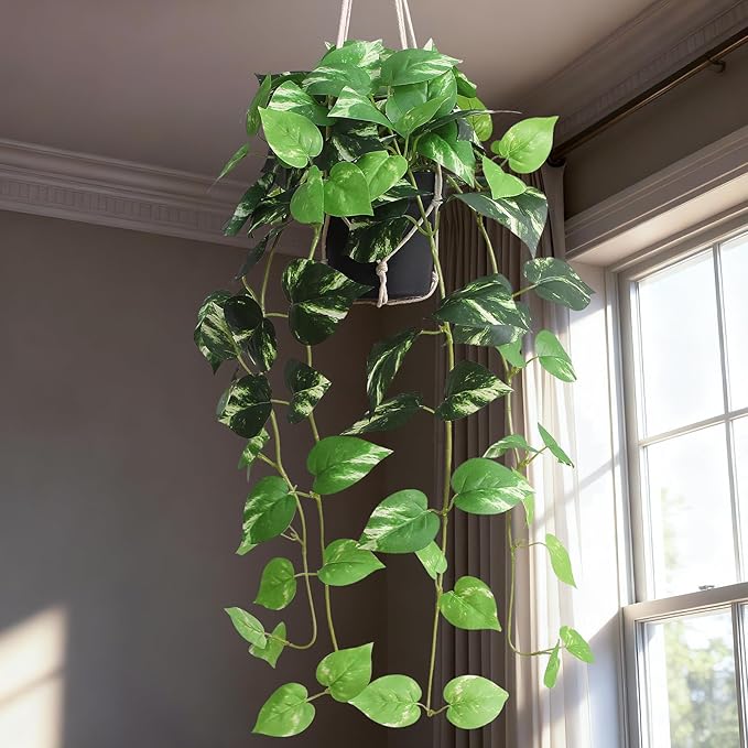 alyptus UV Resistant Fake Pothos Hanging Plants - Realistic Faux Pothos Vines for Indoor & Outdoor Décor, Lush Greenery for Shelves, Counters, Entry Tables - Golden Green