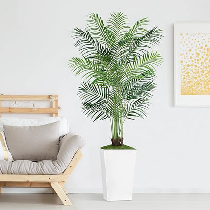 6ft Artificial Palm Tree with White Planter-Tall Artificial Indoor Plants, Fake Tropical Palm Tree, Faux Silk Plants for Home Office Living Room Bedroom Modern Decor