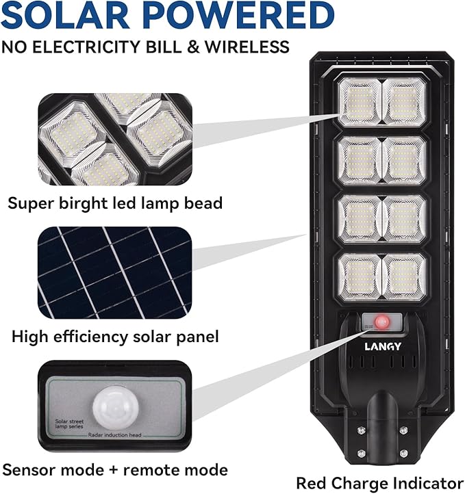 LANGY 2PACK Solar Street Lights Outdoor Lamp 200000 lumens with Remote Control,Dusk to Dawn Motion Sensor,IP65 Waterproof Solar Powered Outdoor Lamp for Parking Lots,Yard,Barn Basketball Court