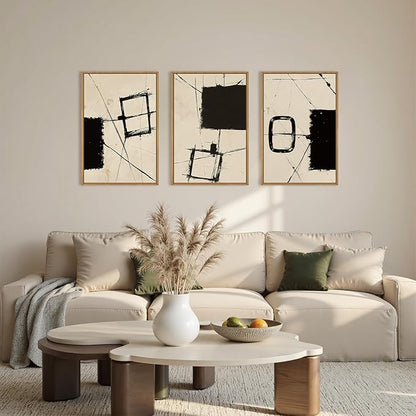 HOURIA Nordic Abstract Black & Beige Brush Stroke Framed Canvas Wall Art Set,Minimalist Geometric Grunge Line Shapes Ink Sketch Decor,Neutral Modern Drawing Artwork for Living Room,Farmhouse-24"x36"x3