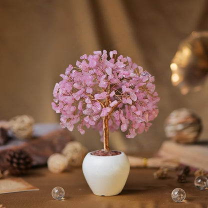 Rose Quartz Stone Chakra Crystal Tree Money Tree Feng Shui Gemstone Tree of Life with Pot Base, Good Luck Tree Christmas Home Office Desk Crystal Decor Ornaments, for Emotional Healing, Heart Chakra