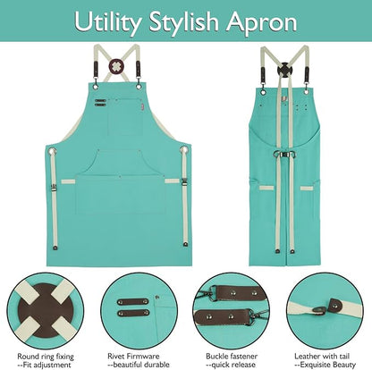 5 Pack Kitchen Apron, Work Apron, Canvas, Multiple Pockets, Gardening, Painting, BBQ, Artist, Carpenter, Sizes M to XXL, Ice Blue