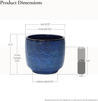 LuxenHome 15.5" Dia Round Ceramic Pots for Plants, Gradient Cobalt Blue Glazed Large Outdoor Planter Pot with Drainage Hole and Rubber Plug, Decorative Indoor Flower Pots for Home Garden Patio