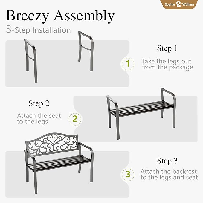 Sophia & William Outdoor Bench, Metal Garden Bench, Cast Iron Park Benches for Outside with Floral Design Backrest, Black