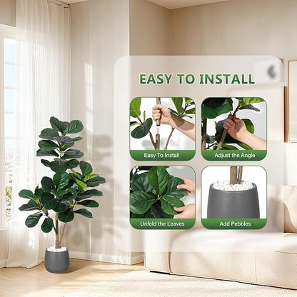 4 ft Fiddle Leaf Fig Tree Artificial with 48 Leaves - Realistic Faux Ficus Lyrata Trees in 7.8 in Grey Planter Pot, Indoor Fake Floor Plants for Home Office Living Room Decor, Housewarming Gift