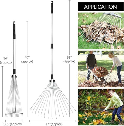 Buyplus Adjustable Garden Leaf Rake - 24 to 63 Inch Telescopic Metal Expandable Folding Leaves Rake, Metal Rake for Leaves, Yard Rakes for Lawn Yard, Flowers Beds, Black