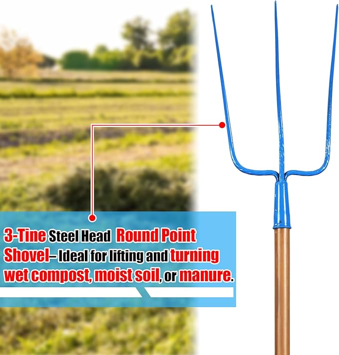 59 Inch Manure Fork Wood Handle 3 Tine Fork for Farm Stable Hay Ranch Bedding Garden
