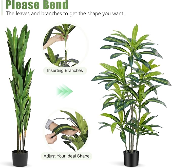 6Ft Dracaena Plant Artificial Tree Fake Tropical Floor Plants Potted (Real Touch) Artificial Silk Tree Leaf Faux Trees Black Tall Planter for Home Office Living Room Indoor Outdoor Decor（1Pack）