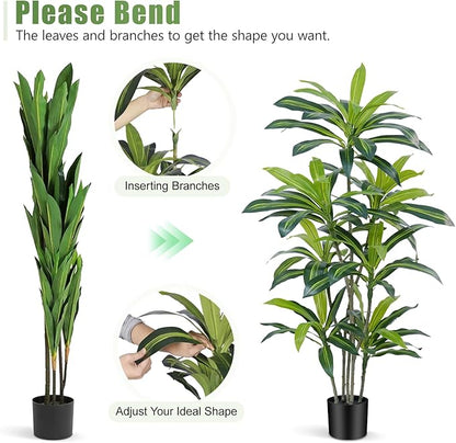 6Ft Dracaena Plant Artificial Tree Fake Tropical Floor Plants Potted (Real Touch) Artificial Silk Tree Leaf Faux Trees Black Tall Planter for Home Office Living Room Indoor Outdoor Decor（1Pack）