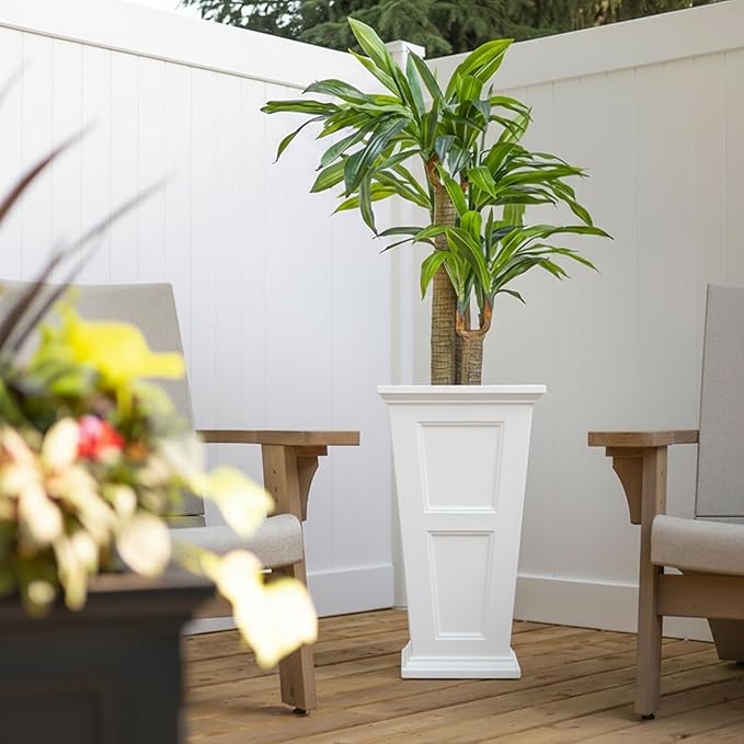 Mayne Fairview 28-Inch Self-Watering Tall Planter with Reversible Planter Insert, Classic Inset Panels, New England Architecture Design, UV & Weather Resistant, Indoor/Outdoor Use, White