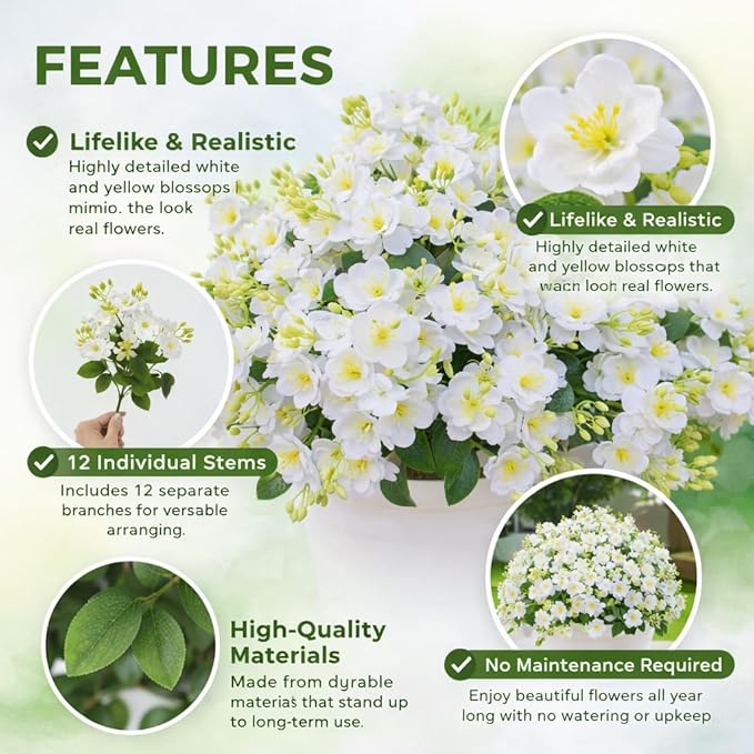 alyptus Artificial Flowers for Outdoors,12 Bundles UV Resistant Spring Fake Flowers for Porch, Patio & Home Decor – Realistic Outdoor Faux Plants with Lasting Color - White