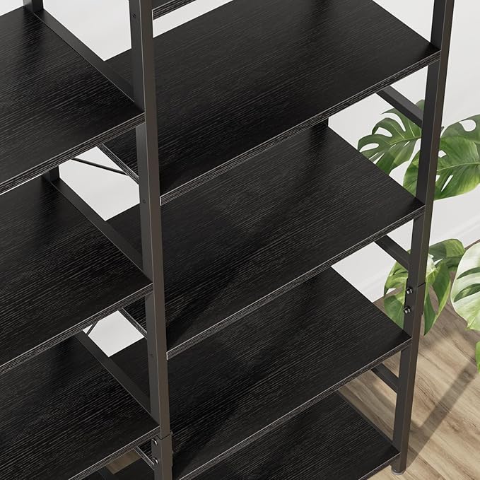 OTK Triple Wide 5 Tier Bookshelf, Rustic Industrial Style Bookcases with 14 Open Display Shelves, Wide Bookshelves for Bedroom, Living Room and Home Office, Black